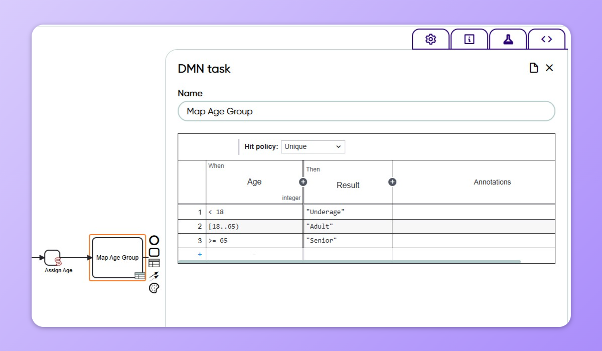 Simple example of DMN Task being shown in Frends Process Editor.