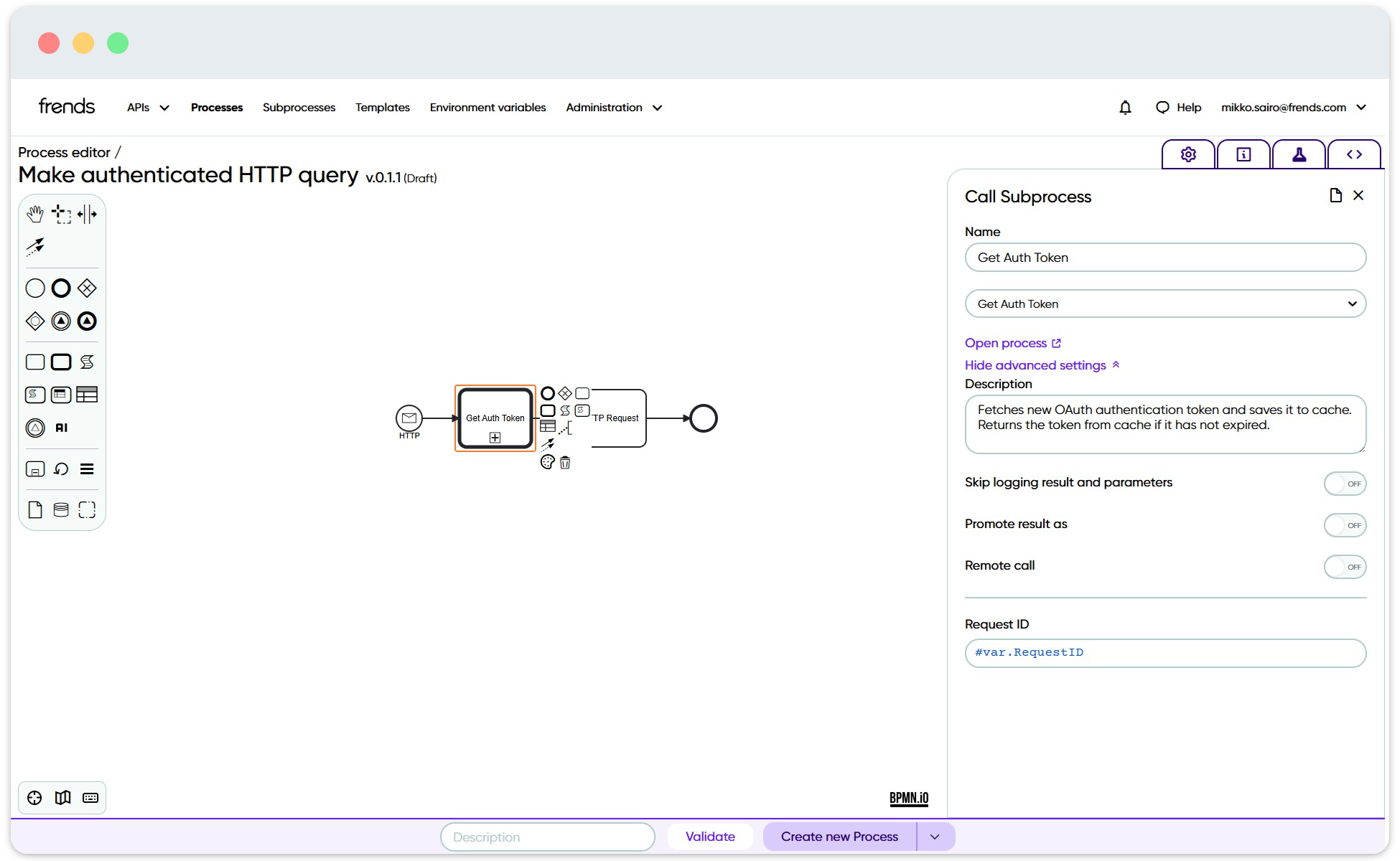 Image shows a Subprocess call being used in a Frends Process.